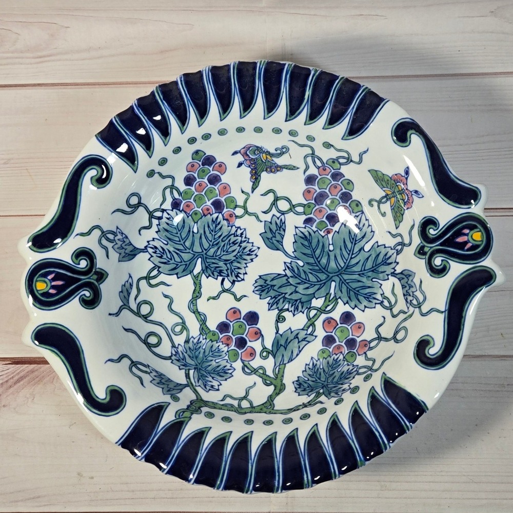Decorative Serving Bowl Blue Grape Vine‎ Bird Design Scalloped Edge
